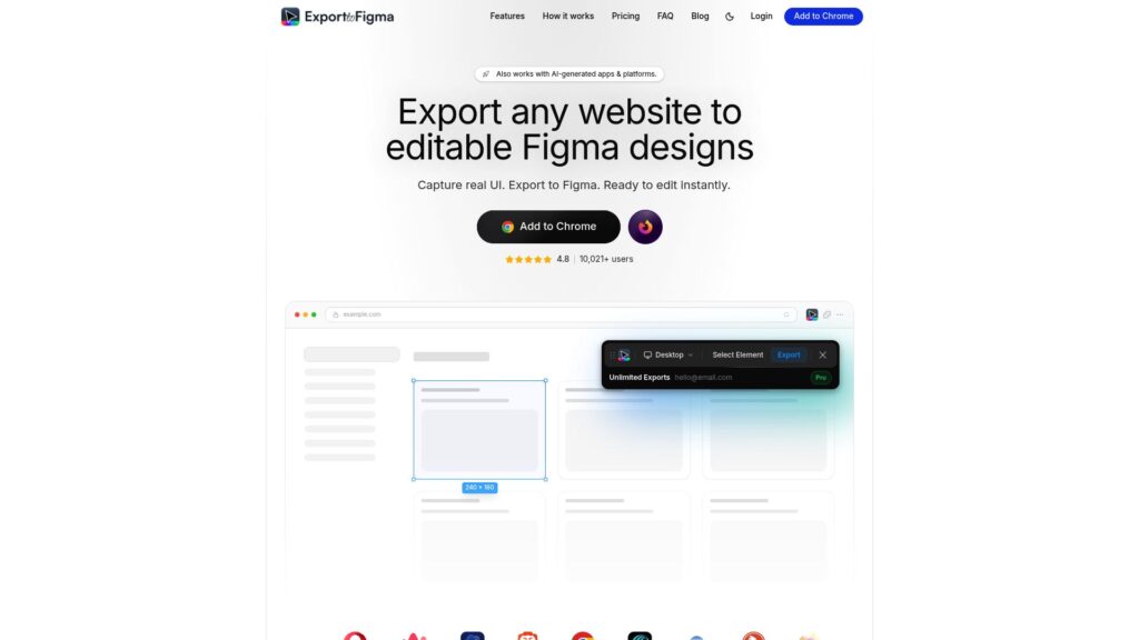 Export to Figma homepage, an html.to.design alternative for converting websites to Figma