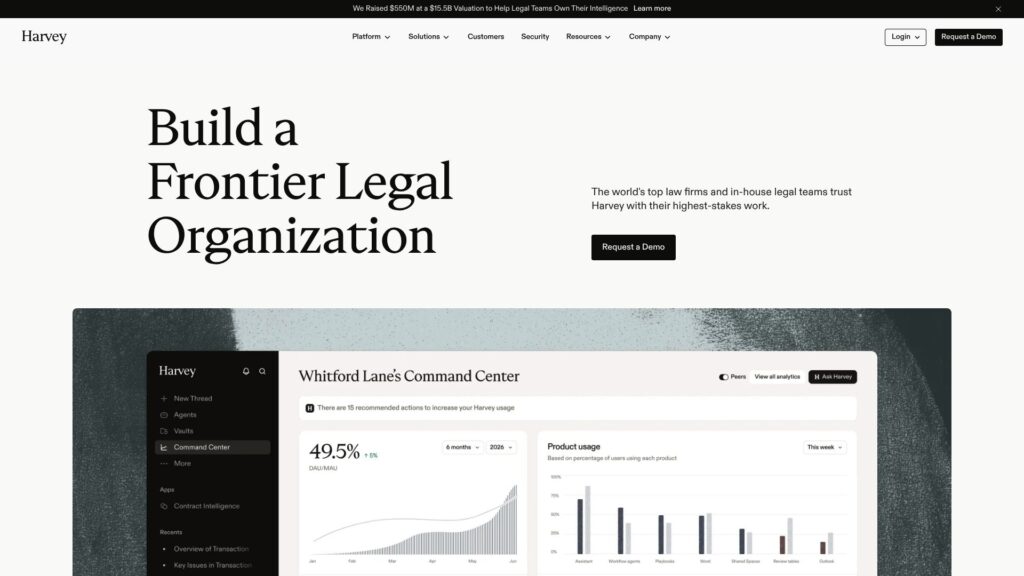 Harvey AI legal assistant homepage for legal professionals