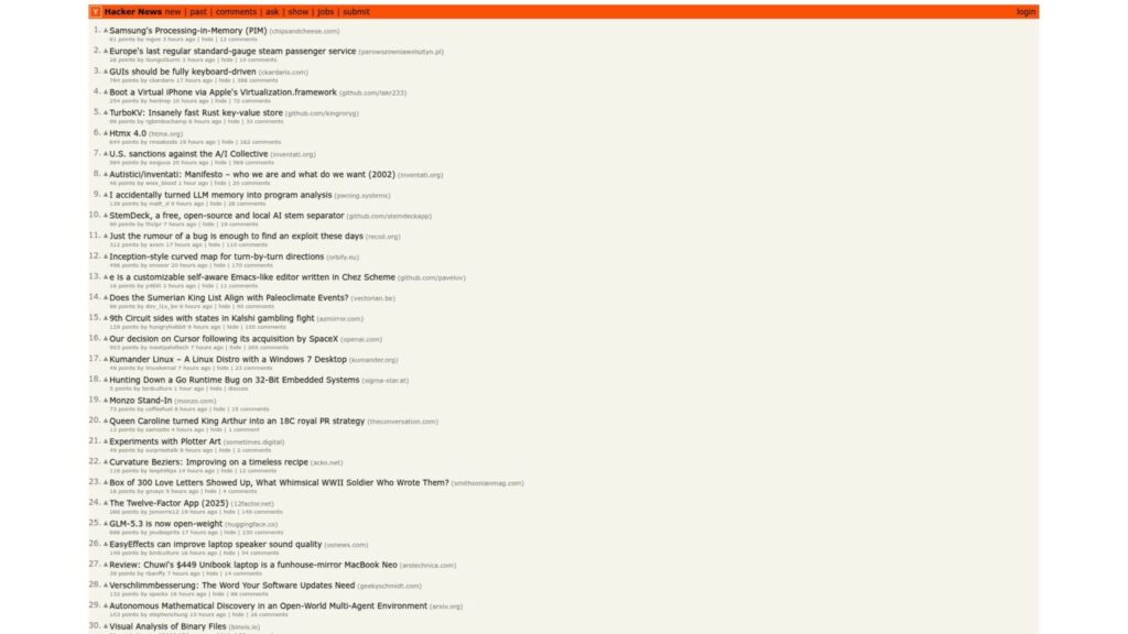 Hacker News homepage - Indie Hackers alternative for tech founders and developers