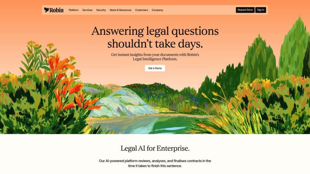 Robin AI homepage showing AI contract review software for reviewing and analyzing contracts