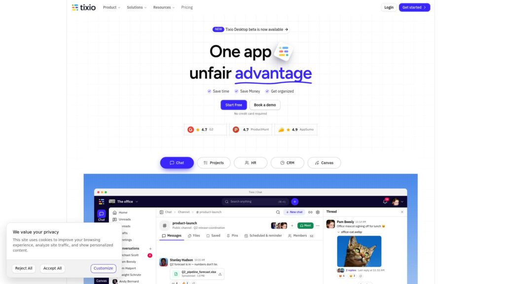 Tixio homepage showing a Slack alternative for all-in-one team collaboration
