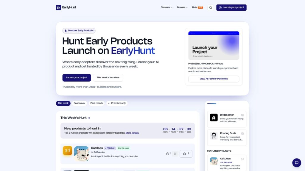 Uneed alternatives: EarlyHunt product discovery platform homepage