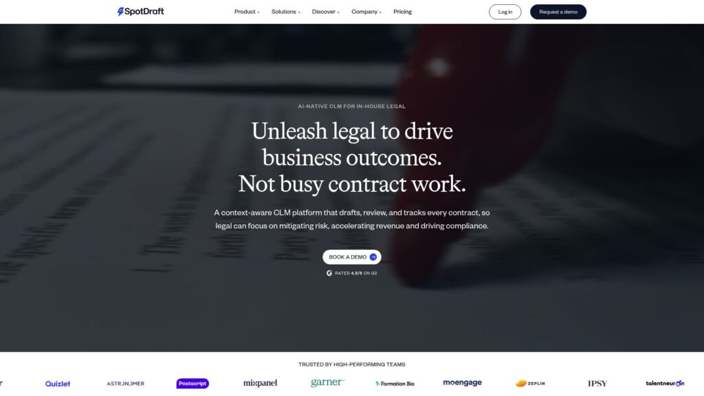 SpotDraft homepage showing AI contract review software and contract management
