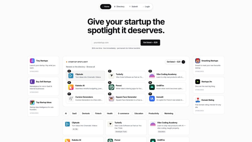 Startup Spotlight homepage – a Launching Next alternative for startups