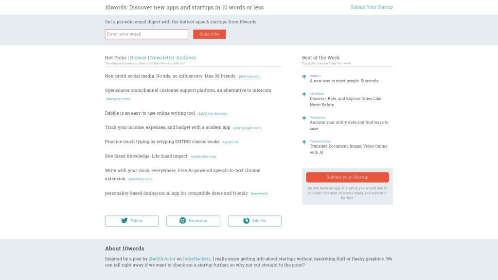 10words homepage – a Launching Next alternative for discovering startups