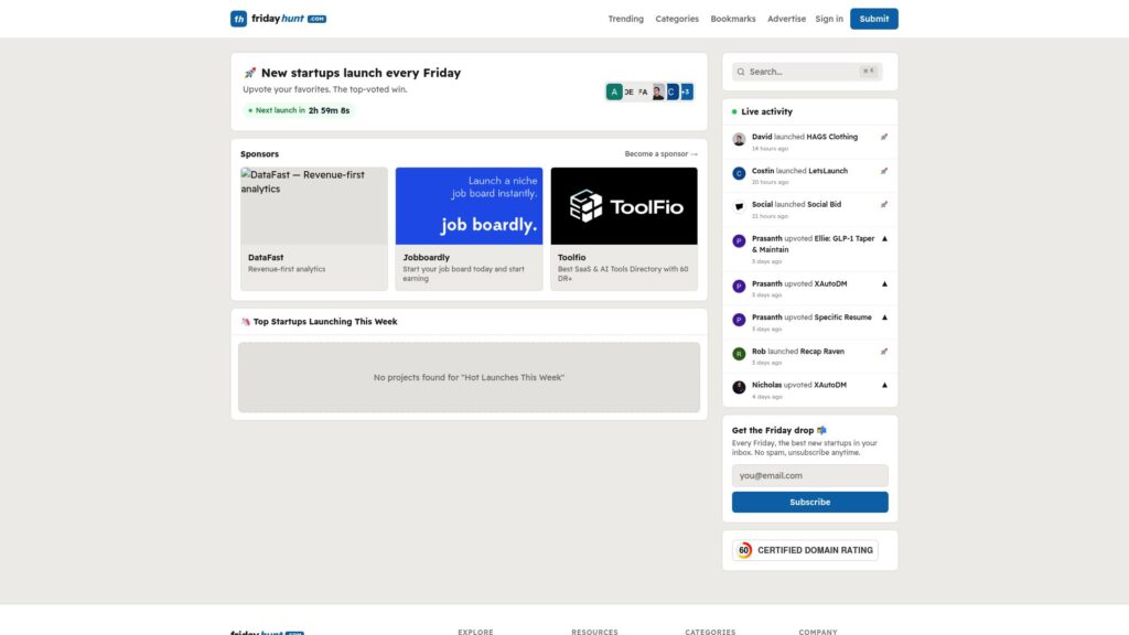 FridayHunt homepage – Launching Next alternative for weekly startup launches