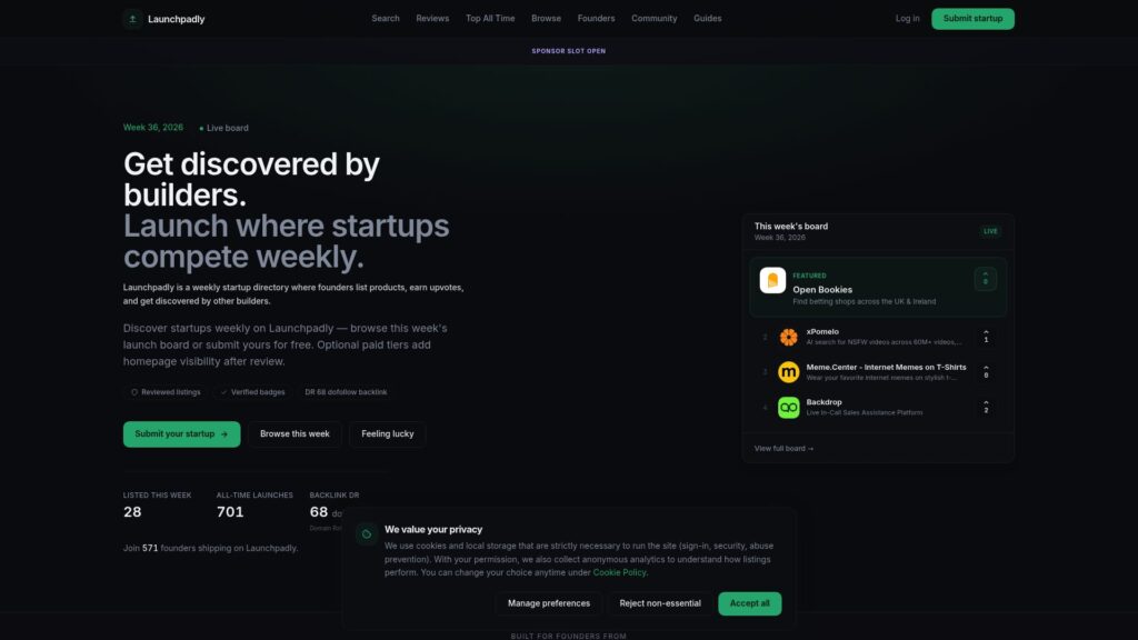 Launchpadly homepage – Launching Next alternative for startup discovery