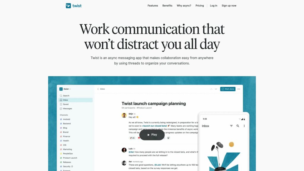 Twist homepage showing a Slack alternative for asynchronous team communication