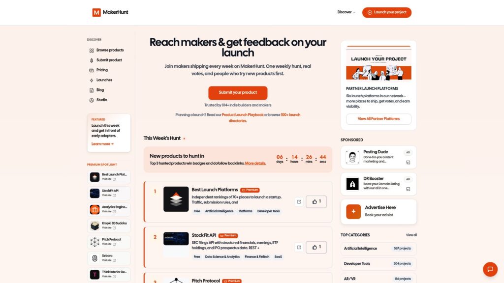 Uneed alternatives: MakerHunt product discovery platform homepage
