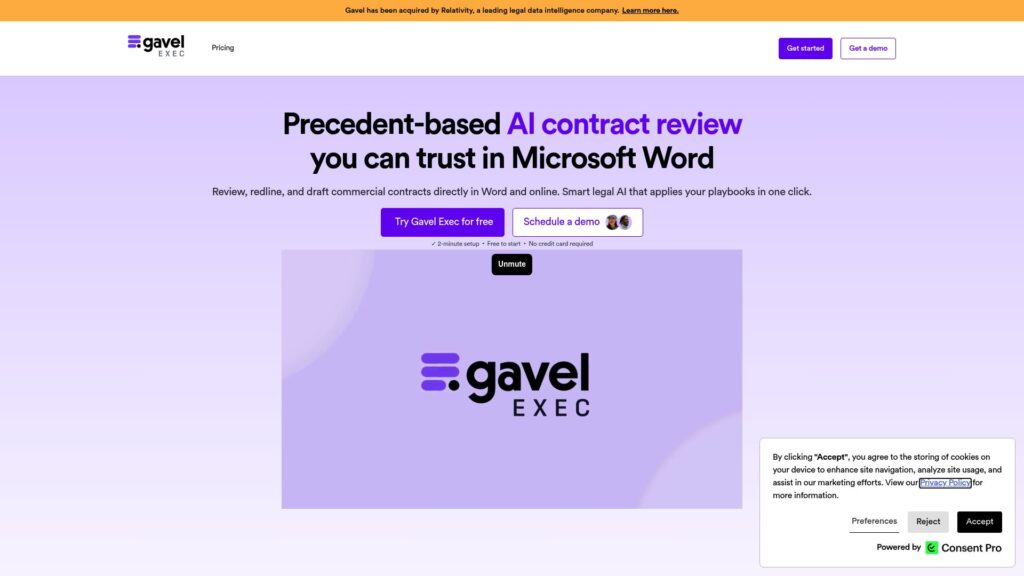Gavel Exec homepage showing AI contract review software for contract analysis and redlining