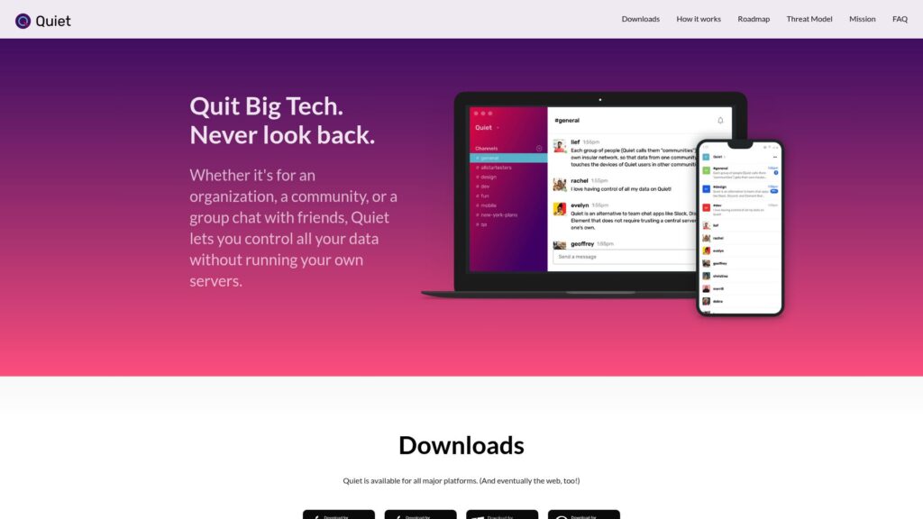 Quiet homepage showing team collaboration and communication tools, a Slack alternative