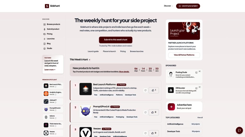Uneed alternatives: SideHunt product discovery platform homepage