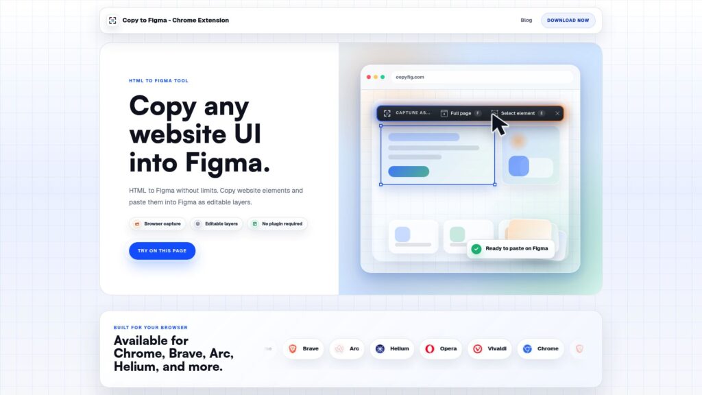 CopyFig homepage, an html.to.design alternative for copying website designs into Figma