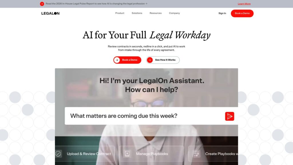 LegalOn homepage showing AI contract review software with legal playbooks