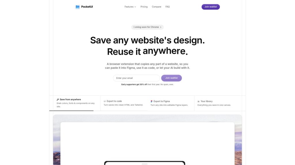 PocketUI homepage, an html.to.design alternative for capturing website sections in Figma
