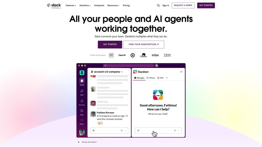 Slack homepage showing team communication interface, a Zoho Cliq alternative