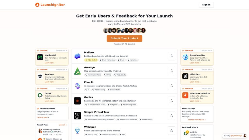 launchIgniter homepage – Peerlist alternative for product discovery
