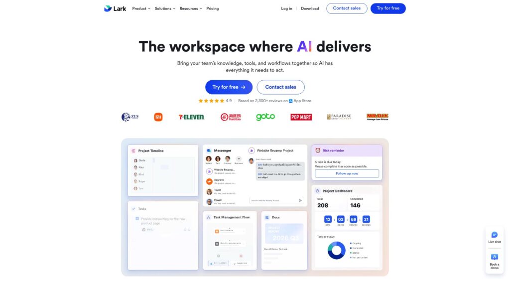 Lark homepage showing all-in-one workplace collaboration tools, a Zoho Cliq alternative