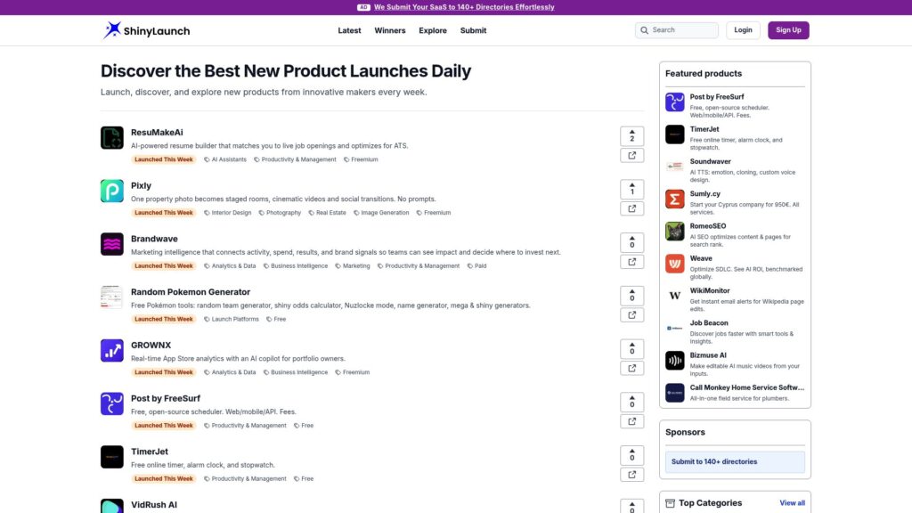 ShinyLaunch homepage – Peerlist alternative for product discovery