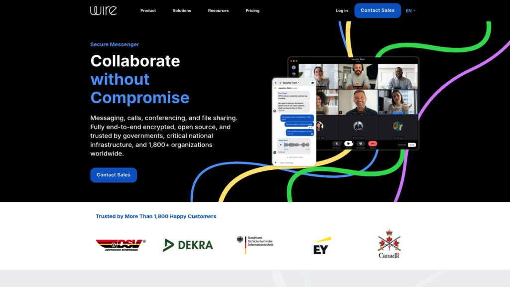 Wire homepage showing secure team communication features, a Zoho Cliq alternative