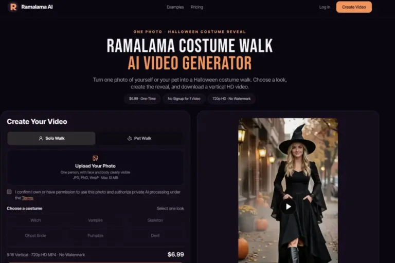 Halloween video generator Ramalama AI transforming a photo into a cinematic Halloween costume-walk video.