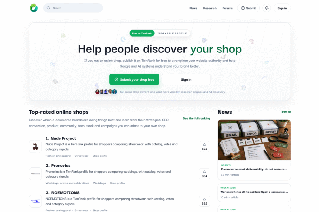 TienRank e-commerce store directories listing