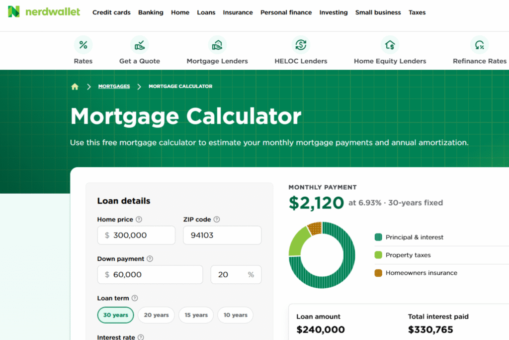 NerdWallet mortgage calculator showing home price, down payment, interest rate, and loan repayment estimates.