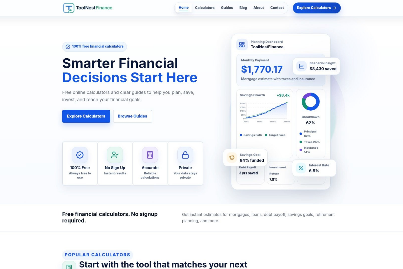 Free finance calculator by ToolNestFinance for estimating loan payments, savings, debt payoff, and retirement planning.