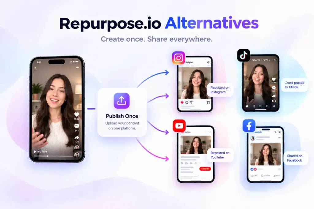 Repurpose.io alternatives for automatically cross-posting videos across Instagram, TikTok, YouTube, and Facebook.