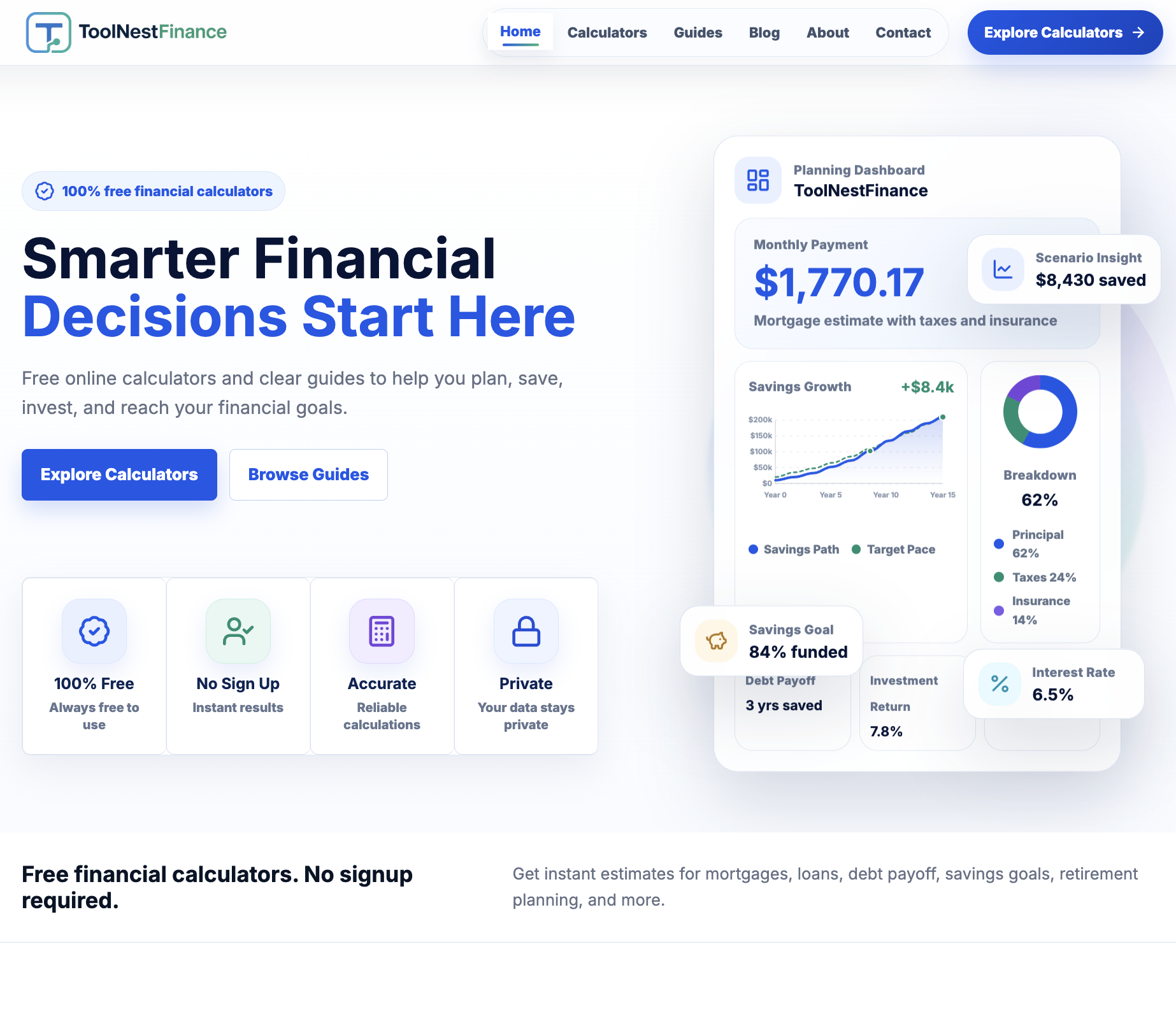 Free finance calculator by ToolNestFinance for estimating loan payments, savings, debt payoff, and retirement planning.