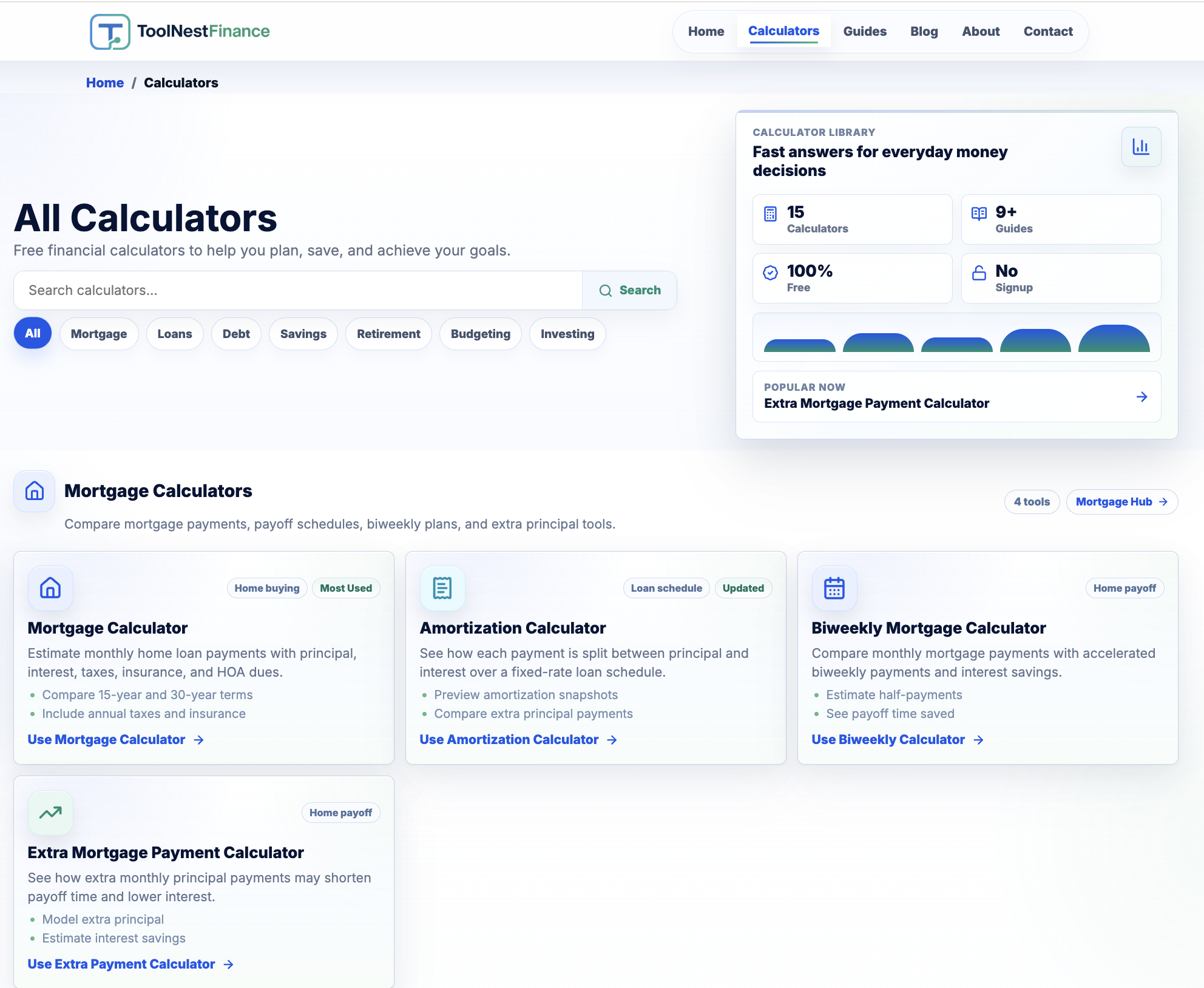Free finance calculator by ToolNestFinance for estimating loan payments, savings, debt payoff, and retirement planning.