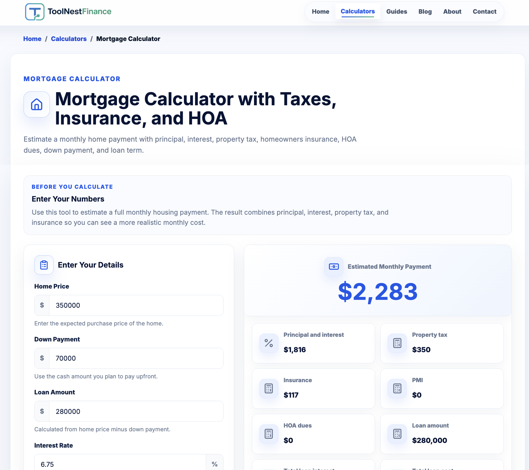 Free finance calculator by ToolNestFinance for estimating loan payments, savings, debt payoff, and retirement planning.