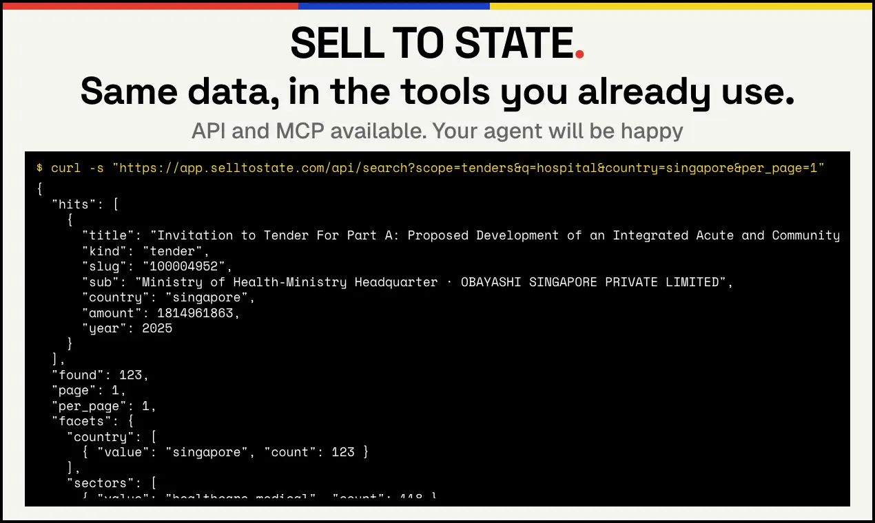 Government contract search platform Sell to State displaying government tenders and procurement opportunities across multiple countries.