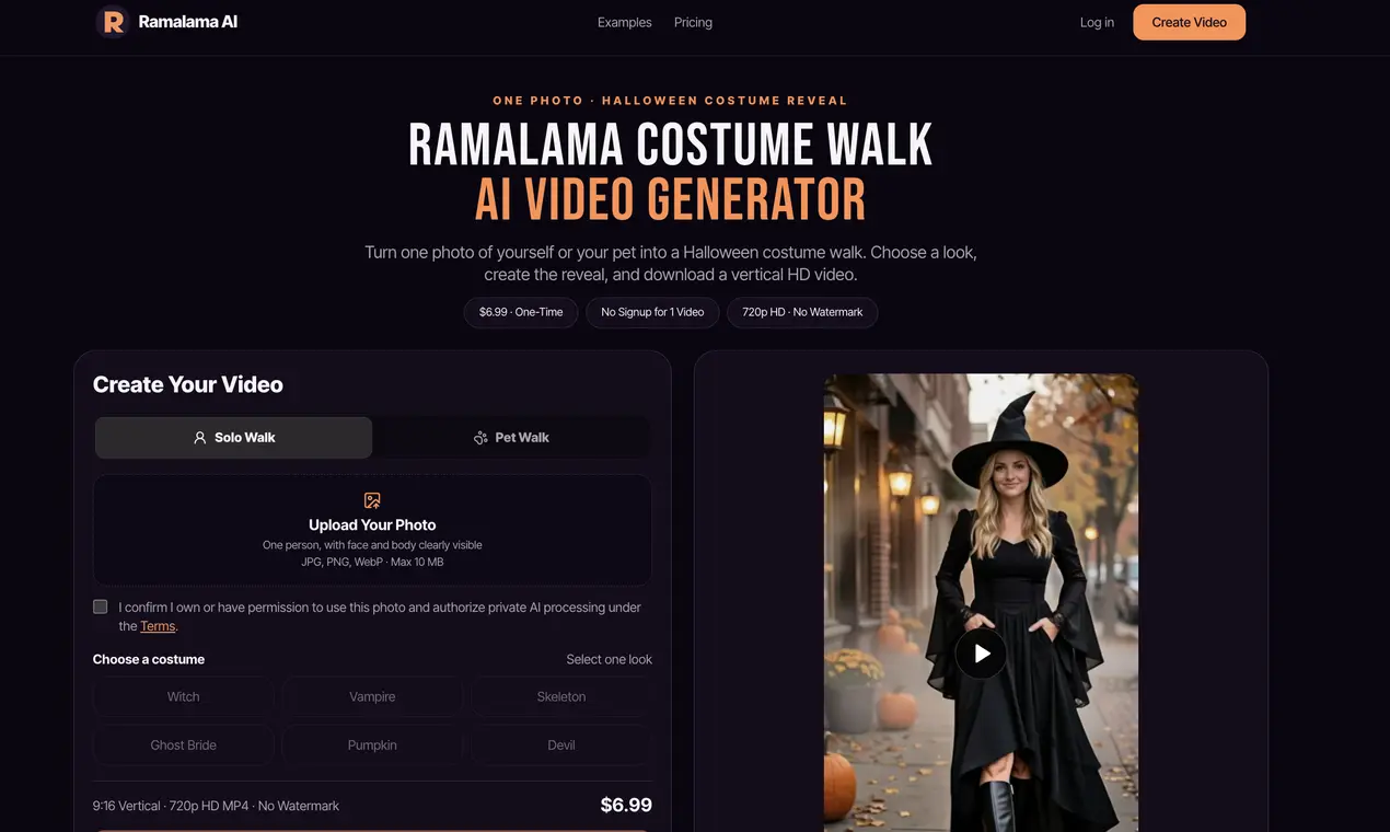 Halloween video generator Ramalama AI transforming a photo into a cinematic Halloween costume-walk video.