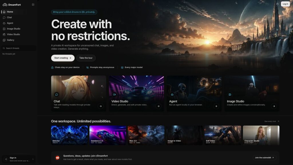 DreamFort uncensored AI video generator creating an AI video from a text prompt