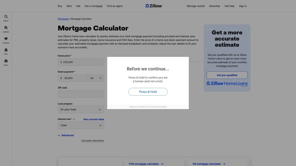 Zillow mortgage calculator displaying estimated monthly home payments and housing cost details.
