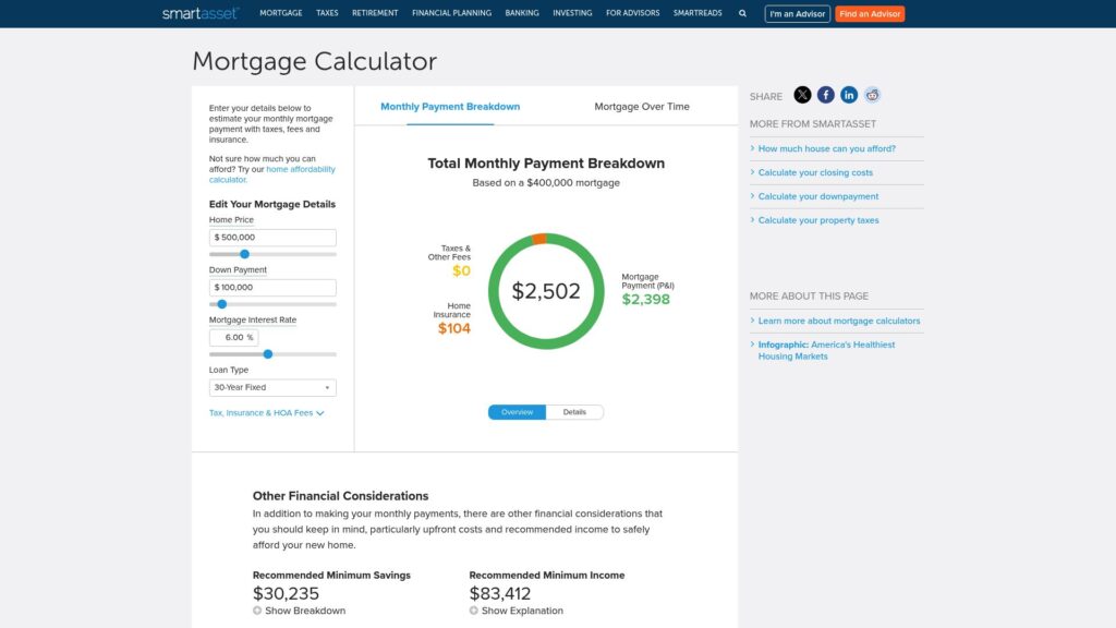 SmartAsset mortgage calculator displaying mortgage payment estimates and property tax information.