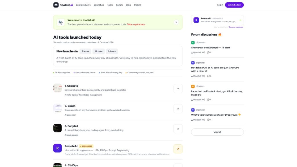 ToolList.ai platform to submit your AI tool and get discovered
