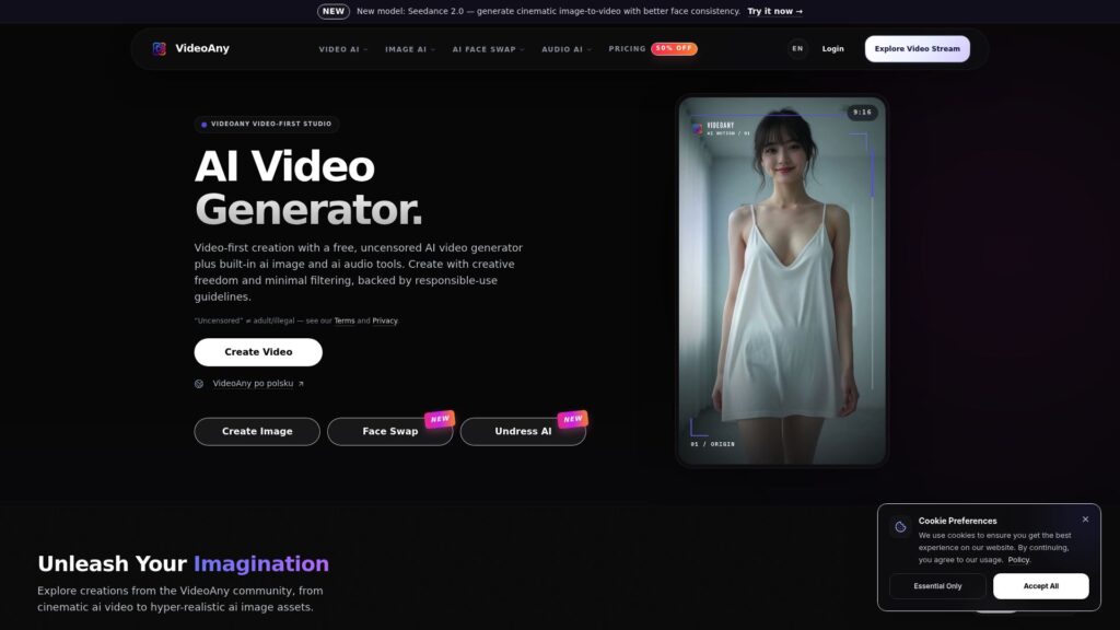 Uncensored AI video generator VideoAny creating AI videos from text and images