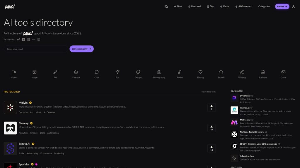 Dang.ai platform to submit your AI tool and get discovered